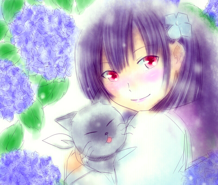 Girl with cat and hydrangeas