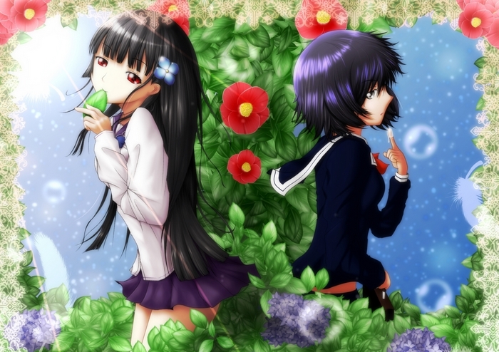 Two anime girls in a garden with flowers