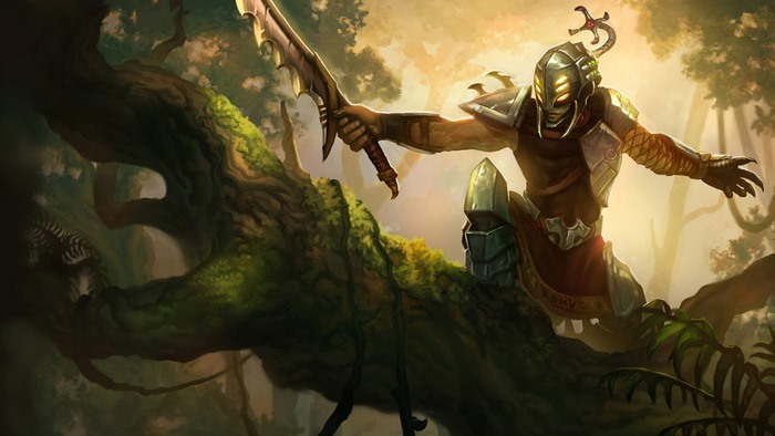Master Yi from League of Legends on a tree