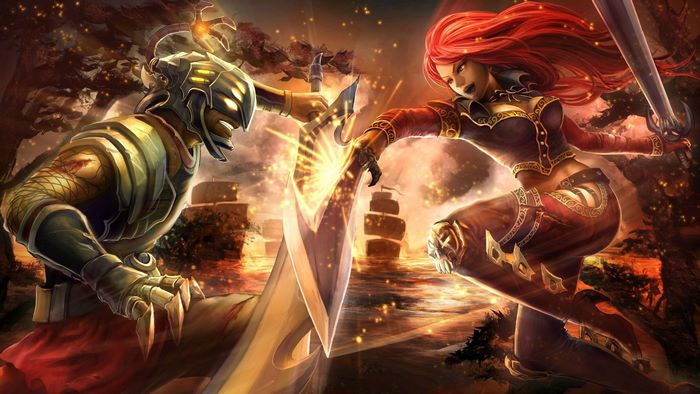 Master Yi from League of Legends fighting a female warrior