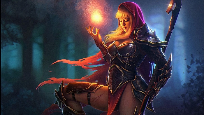 Fantasy warrior woman with magic orb and staff