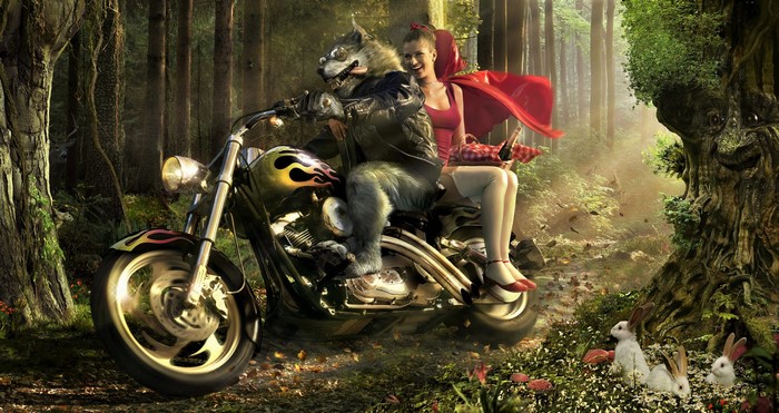 Red Riding Hood and Wolf on a Motorcycle in Forest