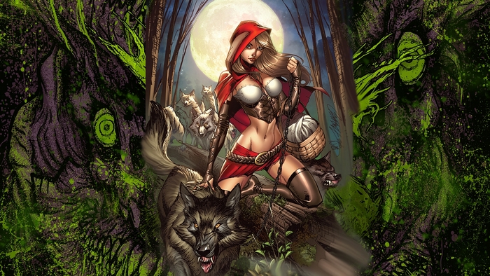 Red Riding Hood with wolves in a forest