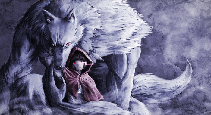 Red Riding Hood and a monstrous wolf