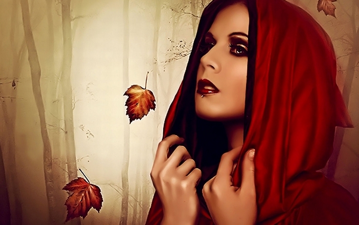 Woman in Red Hood with Falling Leaves