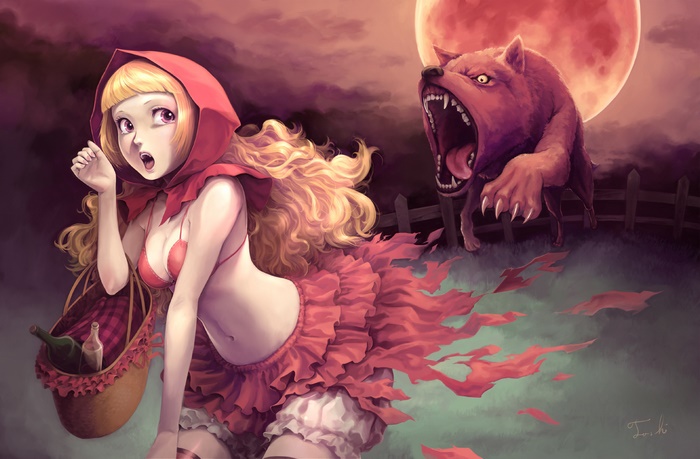 Red Riding Hood and the Wolf under a Blood Moon