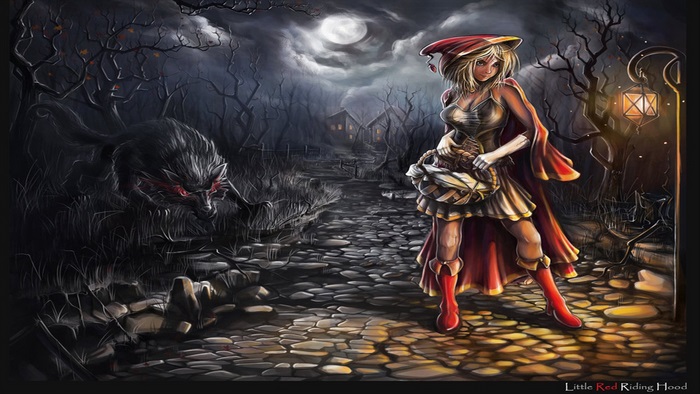 Little Red Riding Hood and a wolf in a dark forest