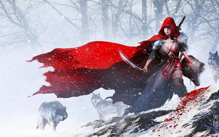 Red Riding Hood with wolves in a snowy forest