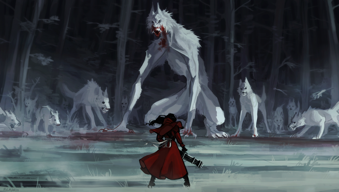 Red Riding Hood fighting werewolves in a dark forest