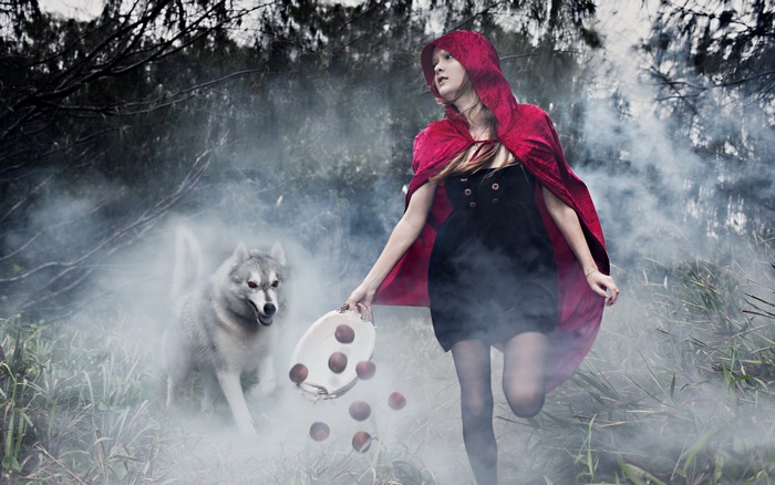 Red Riding Hood and wolf in a foggy forest