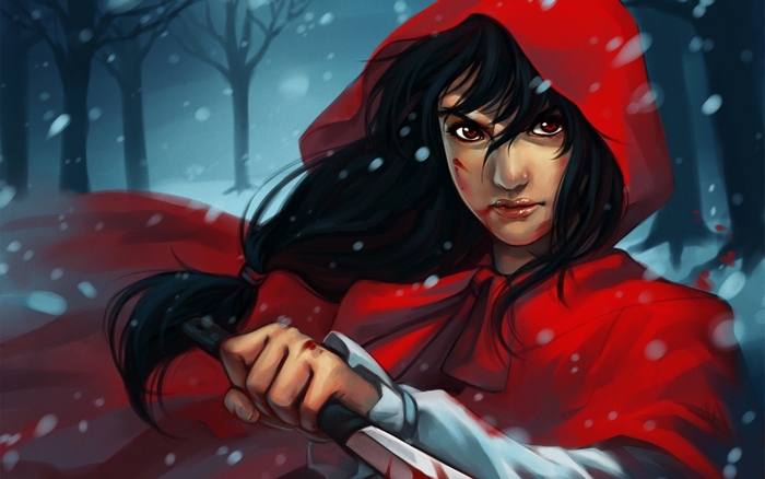Red Riding Hood with bloody knife in snow