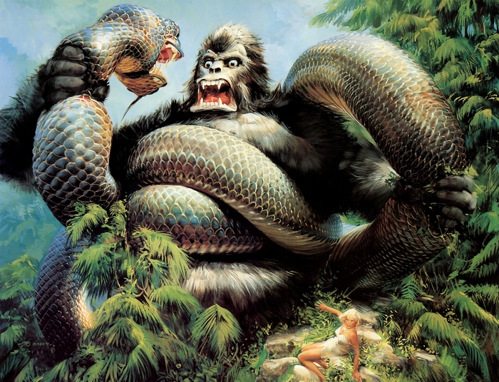King Kong fighting a giant snake with a woman present