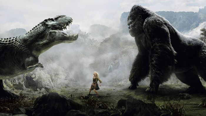 King Kong vs. Tyrannosaurus Rex with a woman