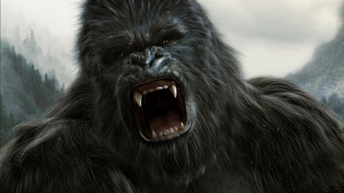 King Kong roaring in a misty forest