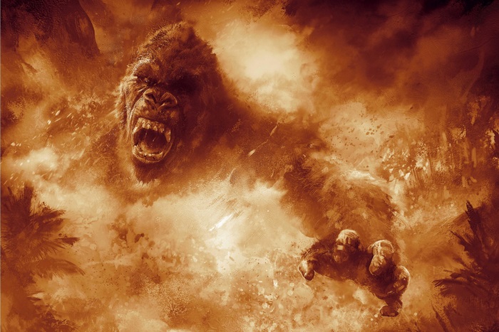 King Kong roaring in a fiery environment