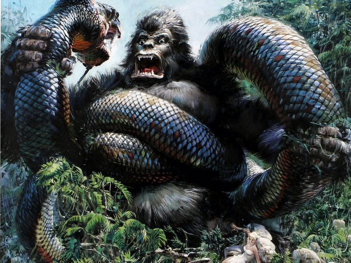 King Kong fighting a giant snake