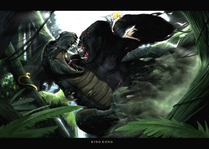 King Kong fighting a dinosaur in a jungle