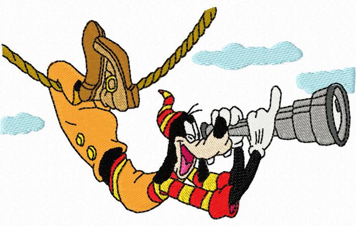 Goofy looking through a spyglass while hanging from a rope