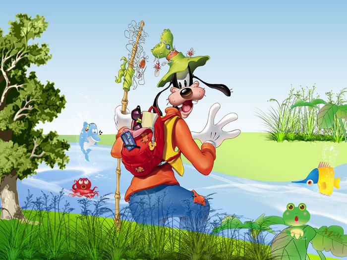 Goofy fishing with a backpack