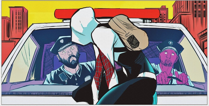 Gwen Stacy in a police car
