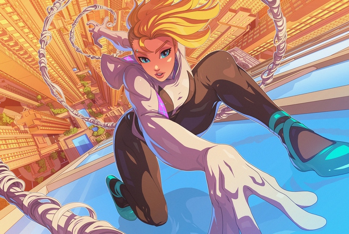 Gwen Stacy swinging through a city