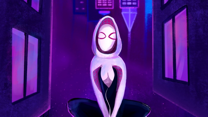 Gwen Stacy in a hooded costume in a purple city