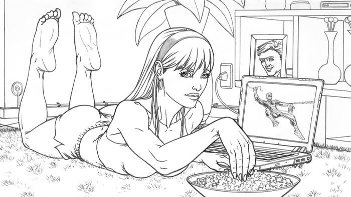 Gwen Stacy watching Spider-Man on laptop