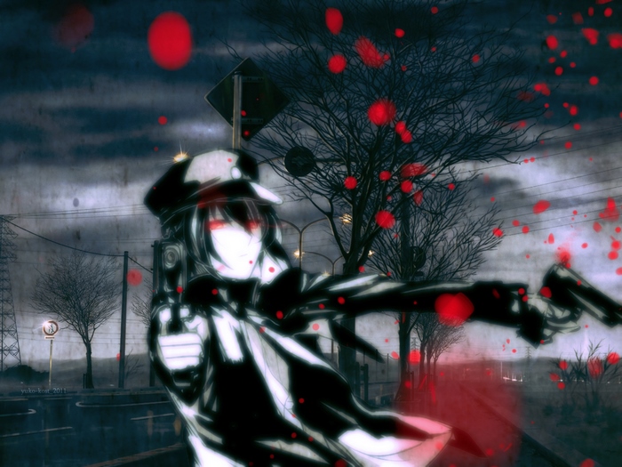 Ayato Naoi with guns in a dark, rainy setting