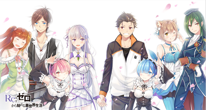 Re:Zero characters Emilia, Subaru, Ram, Rem, Felix, and Crusch