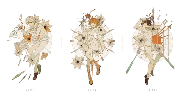 The Promised Neverland characters with flowers and clocks