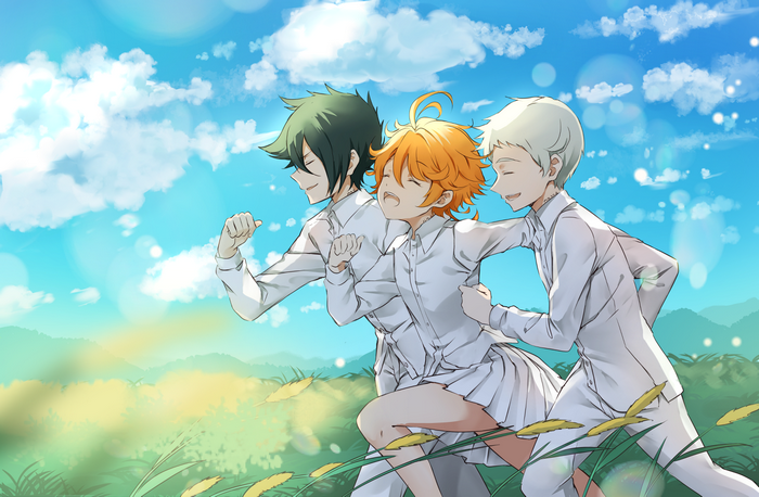 Emma, Ray, and Norman from The Promised Neverland running