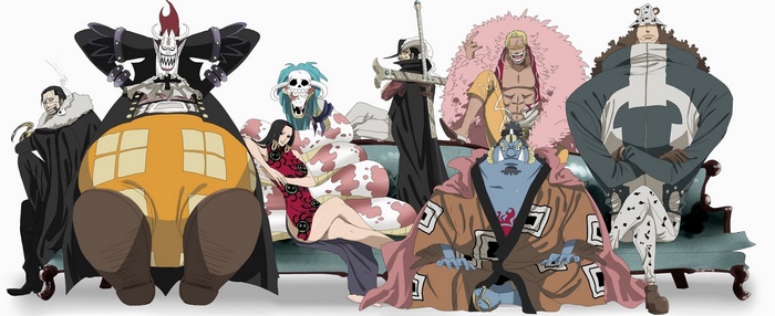 One Piece Shichibukai characters sitting on a couch