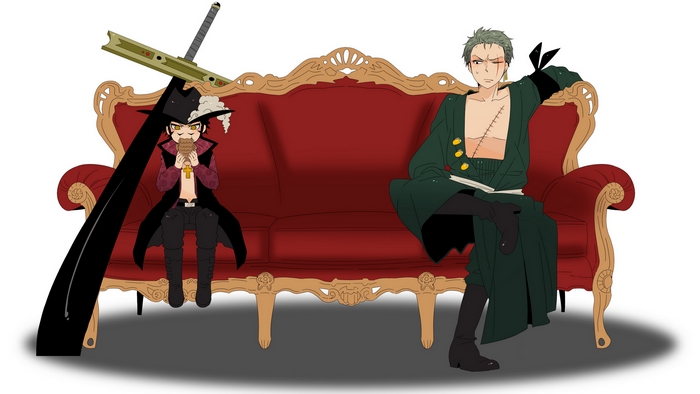 Dracule Mihawk and Roronoa Zoro on a couch