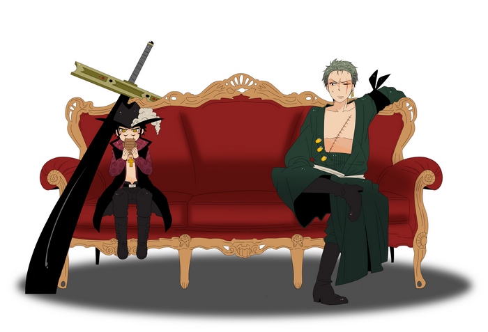 Dracule Mihawk Seated with Large Sword on Red Sofa