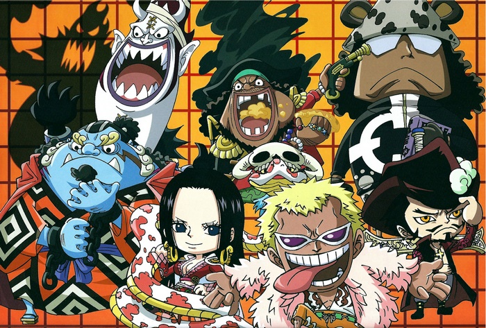 One Piece characters: Bartholomew Kuma, Buggy, Crocodile, Doflamingo, Hancock, Jinbe, Mihawk, and Whitebeard