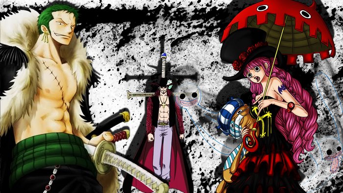 Roronoa Zoro, Dracule Mihawk, and Perona from One Piece