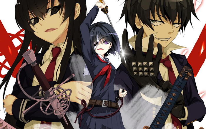 Rin Onigawara and two other characters with swords