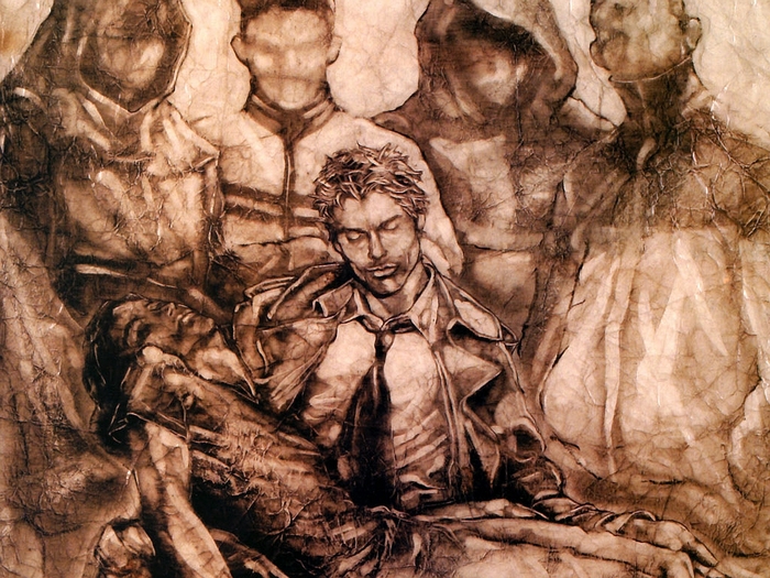 John Constantine holding a deceased person