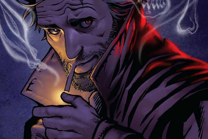 John Constantine smoking with a skull in the background