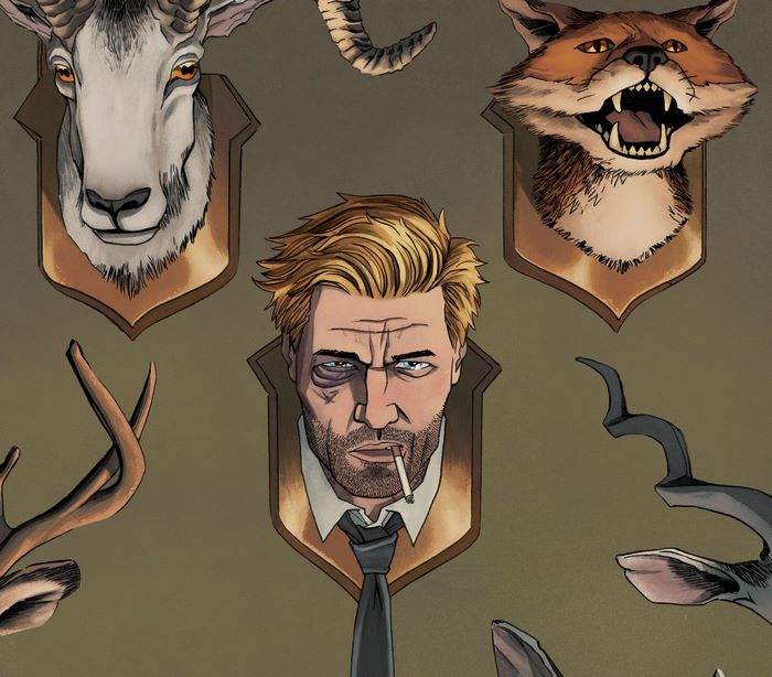John Constantine surrounded by taxidermied animal heads
