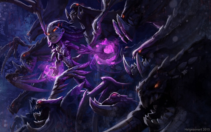 Sarah Kerrigan surrounded by Zerg creatures