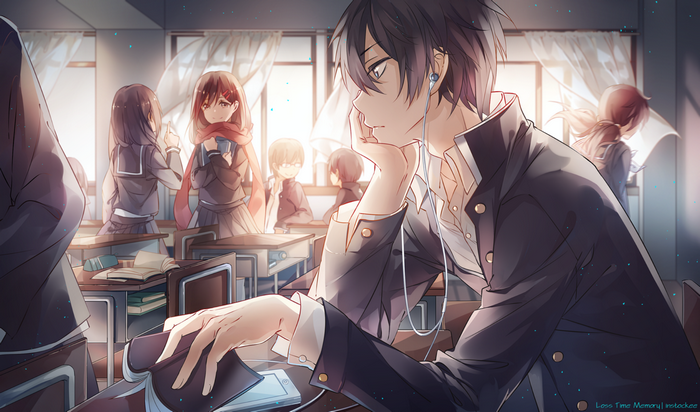Anime classroom scene with students