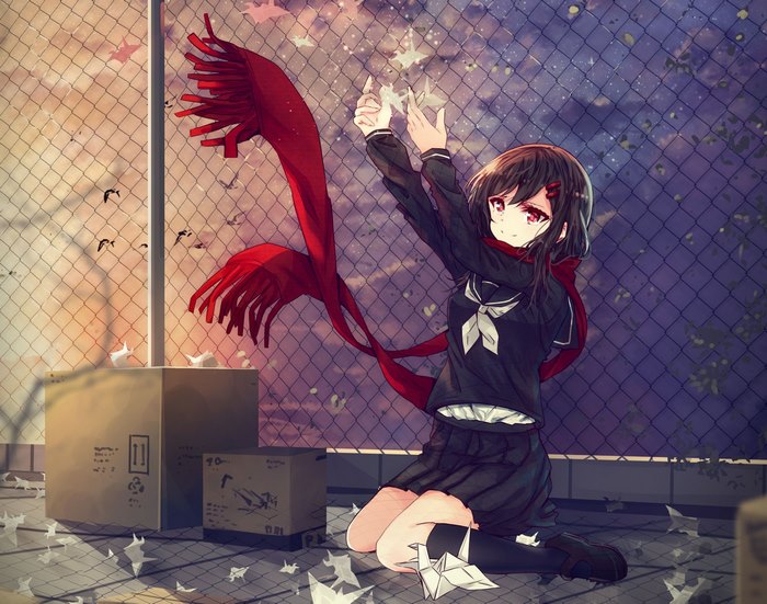 Ayano Tateyama with red scarf and origami