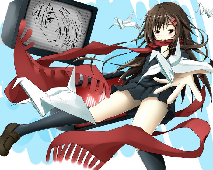 Ayano Tateyama with origami cranes and TV screen
