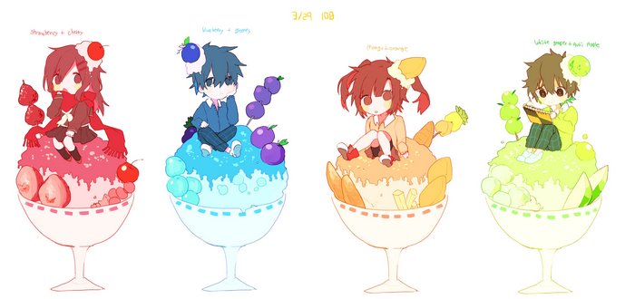 Four anime characters in dessert cups