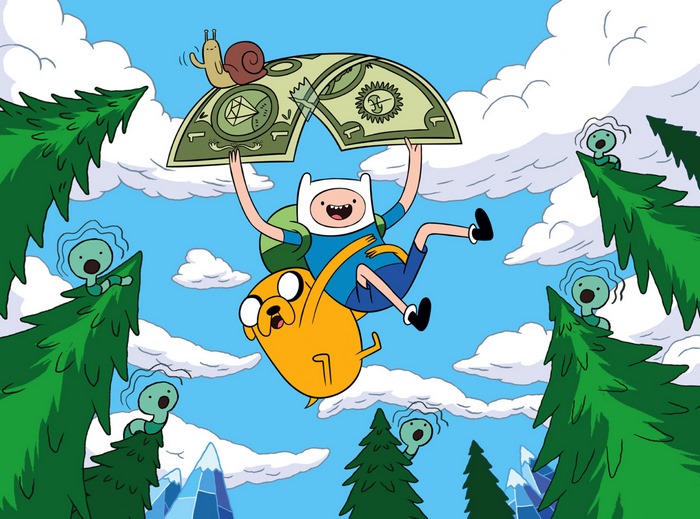 Finn and Jake from Adventure Time flying with money