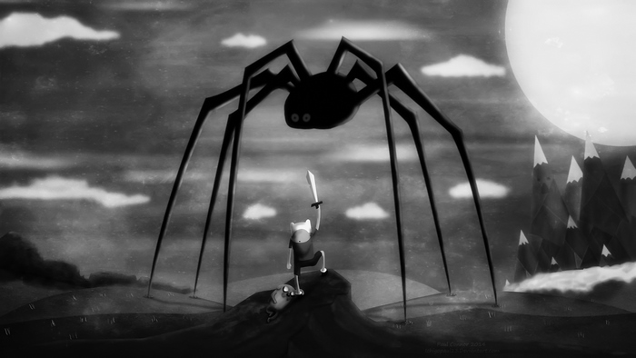 Finn the Human and Jake the Dog from Adventure Time fighting a giant spider