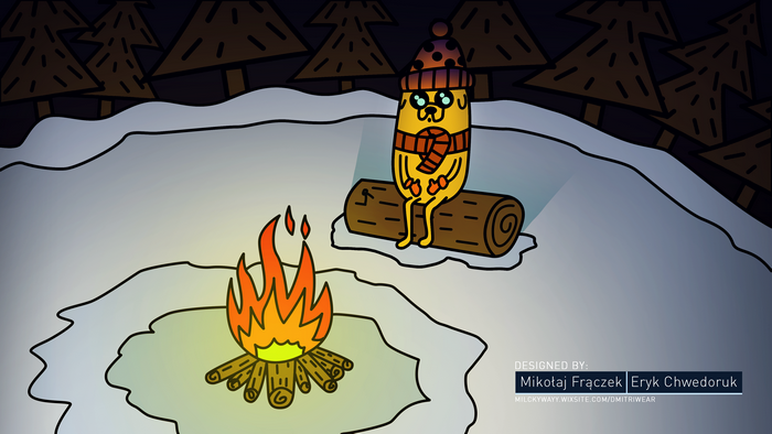 Jake from Adventure Time by a campfire in the snow
