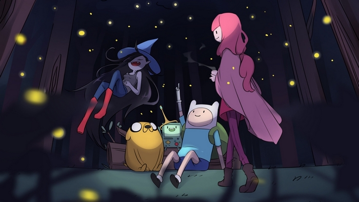 Adventure Time characters in a forest at night