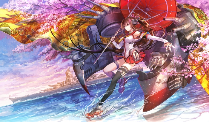Yamato from Kantai Collection with Battleships and Cherry Blossoms